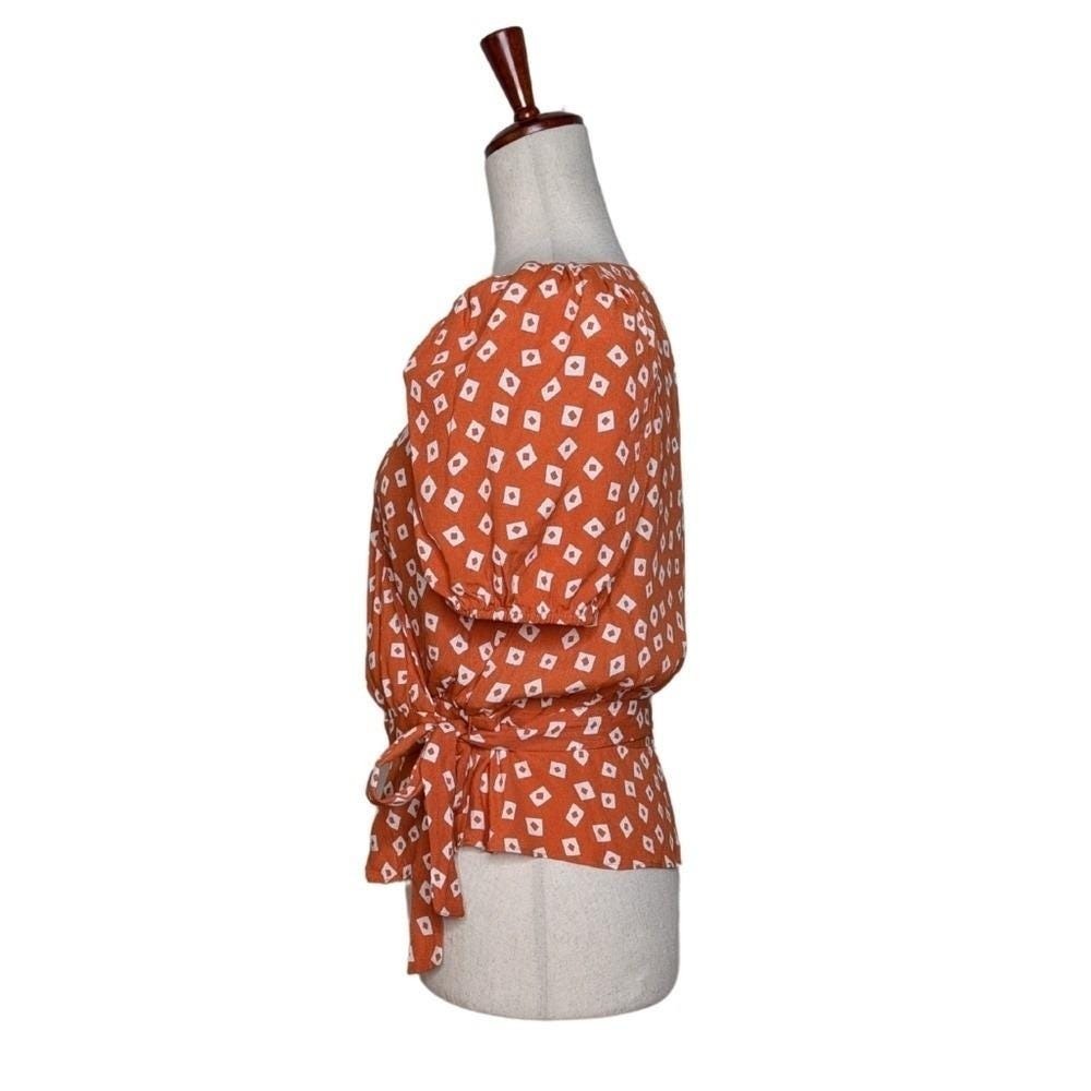 NWT & Other Stories Puff Sleeve Wrap Blouse in Orange Squares Size EU42/USMED - Picture 4 of 8